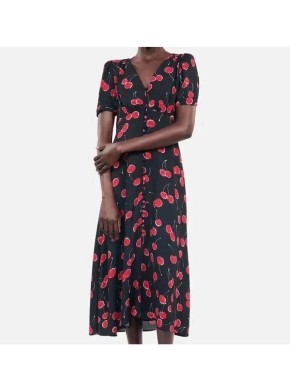 NWT The Kooples Cherry Logo Short Sleeve Button Front  Midi Dress size 3/US 8 - Picture 2 of 7